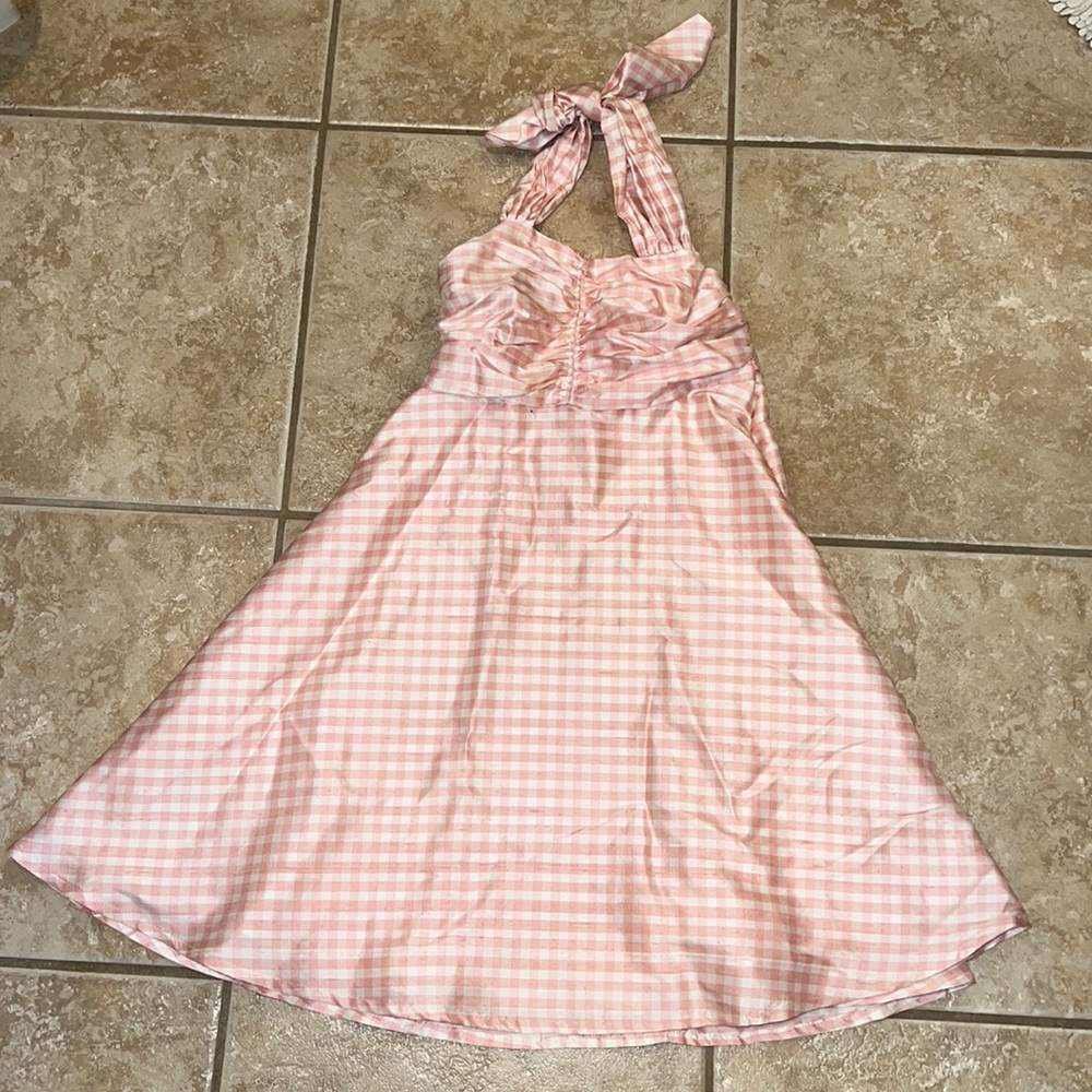 Barbie movie lookalike Pink and white silk plaid halter dress - Picture 1 of 8